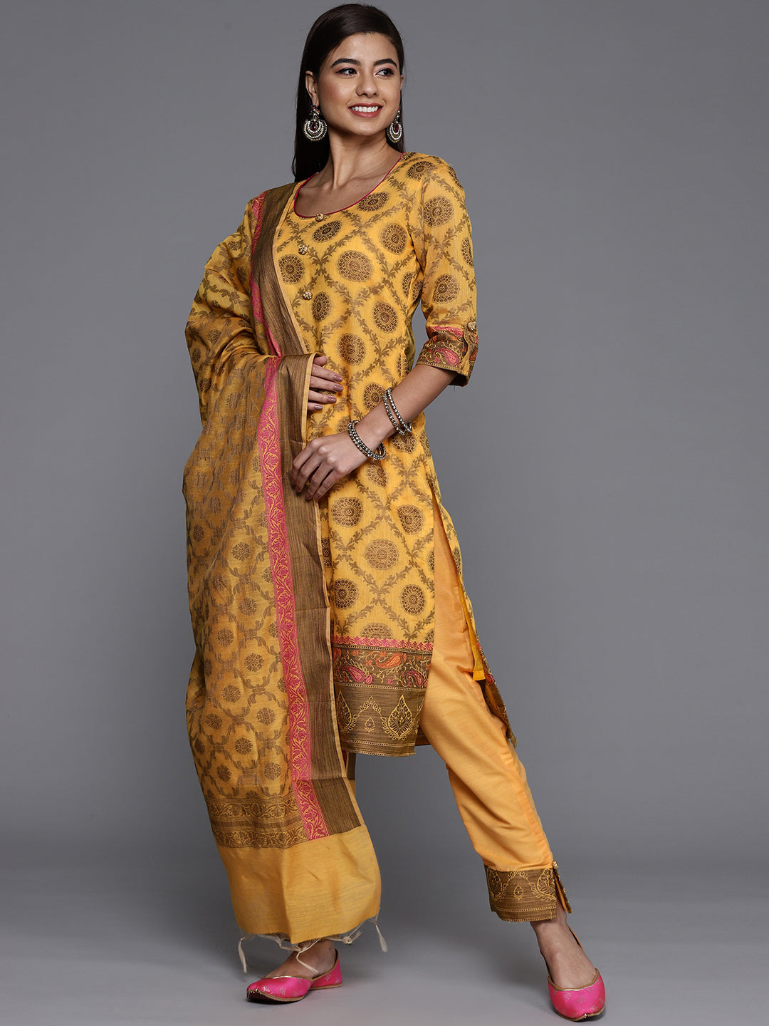 Made to Measure Yellow Banarasi Kurta Pant Set With Handloom Dupatta, Embellish Buttons    Color: Yellow