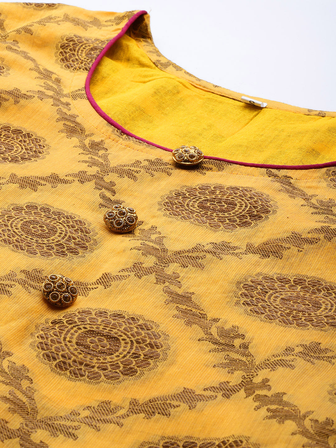 Made to Measure Yellow Banarasi Kurta Pant Set With Handloom Dupatta, Embellish Buttons    Color: Yellow