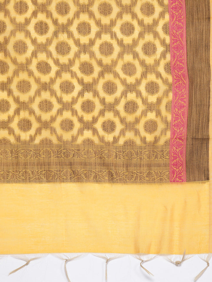 Yellow Banarasi Unstitched Dress Material With Handloom Dupatta
