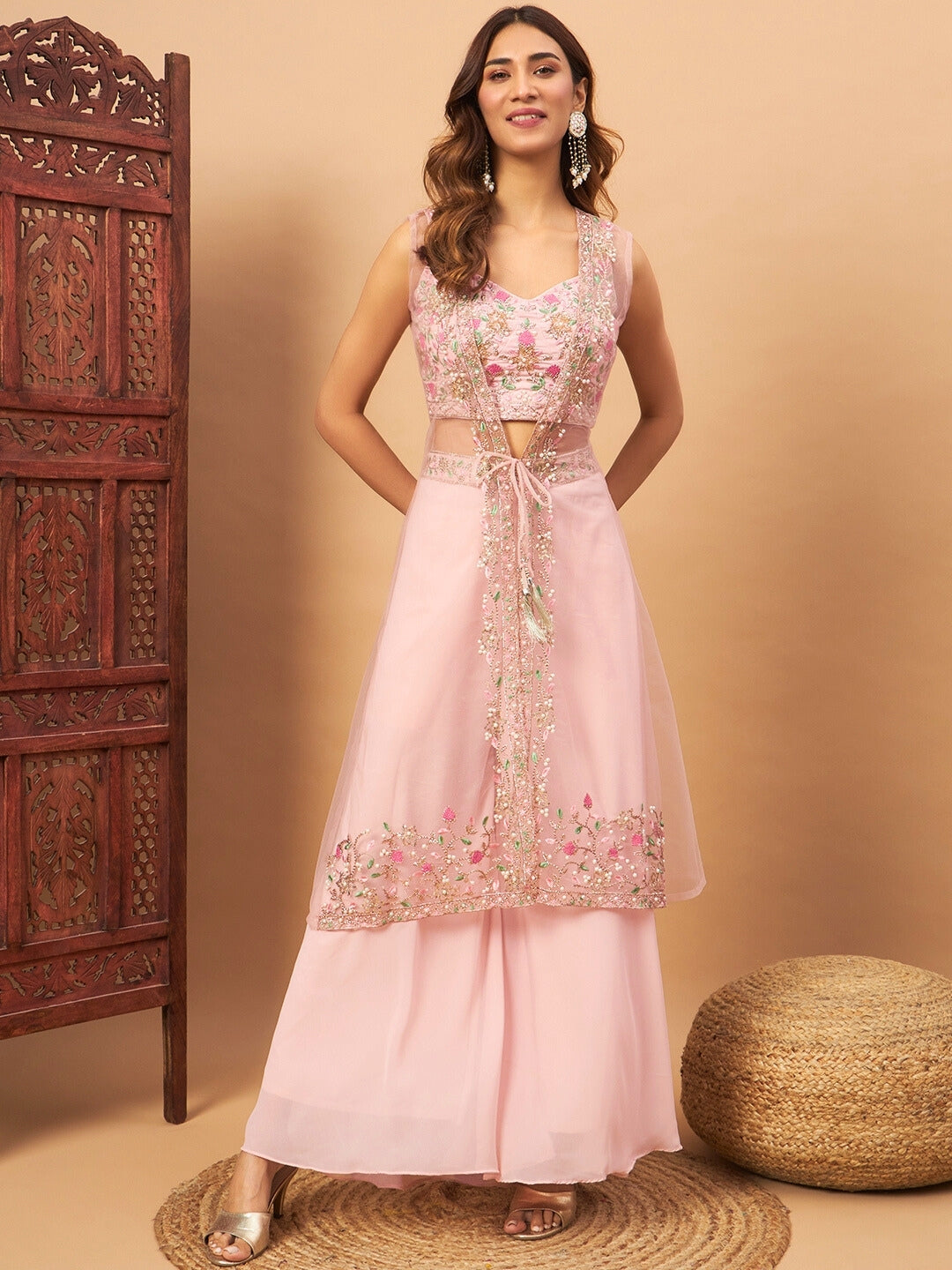 Chhabra 555 Embellished Crop-Top Palazzo Set with Floral Resham & Zari Embroidered Long Jacket