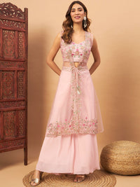 Chhabra 555 Embellished Crop-Top Palazzo Set with Floral Resham & Zari Embroidered Long Jacket