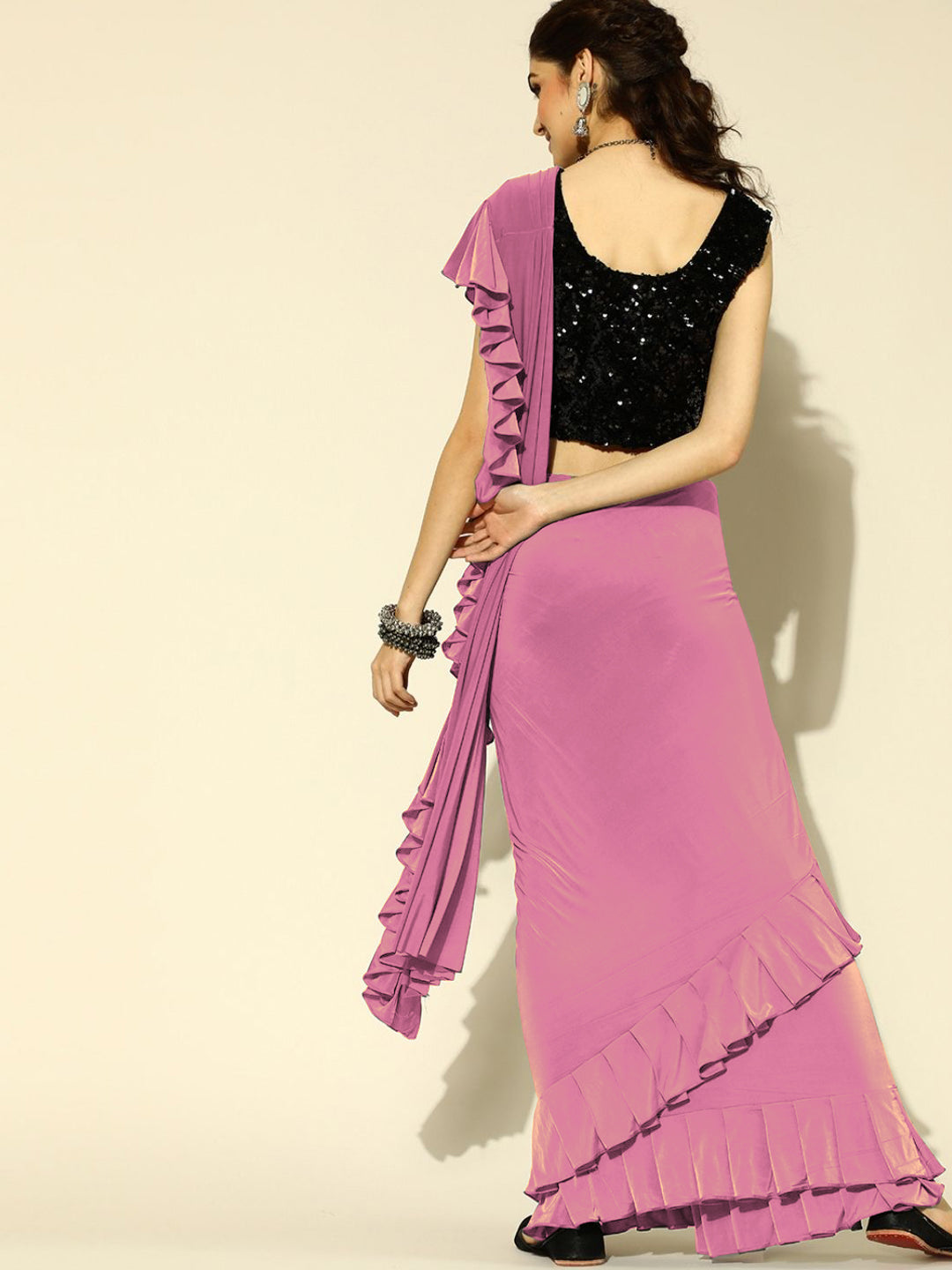 Ruffle Pre-Draped Ready to Wear Saree Embellished with Contrast Blouse