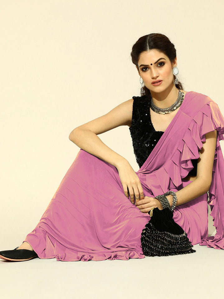 Ruffle Pre-Draped Ready to Wear Saree Embellished with Contrast Blouse