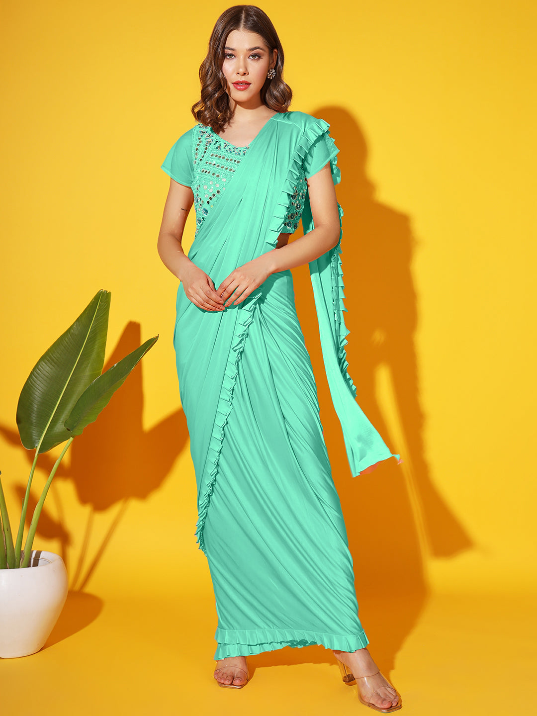 Ruffled Draped Lycra Saree with Resham, Zari & Embellished Blouse