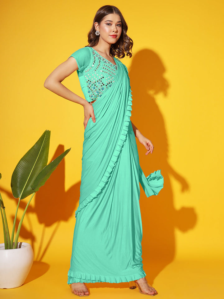 Ruffled Draped Lycra Saree with Resham, Zari & Embellished Blouse