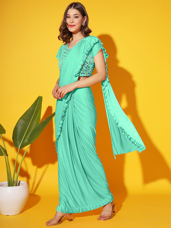 Ruffled Draped Lycra Saree with Resham, Zari & Embellished Blouse