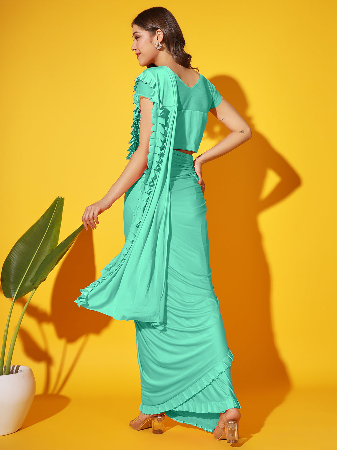 Ruffled Draped Lycra Saree with Resham, Zari & Embellished Blouse