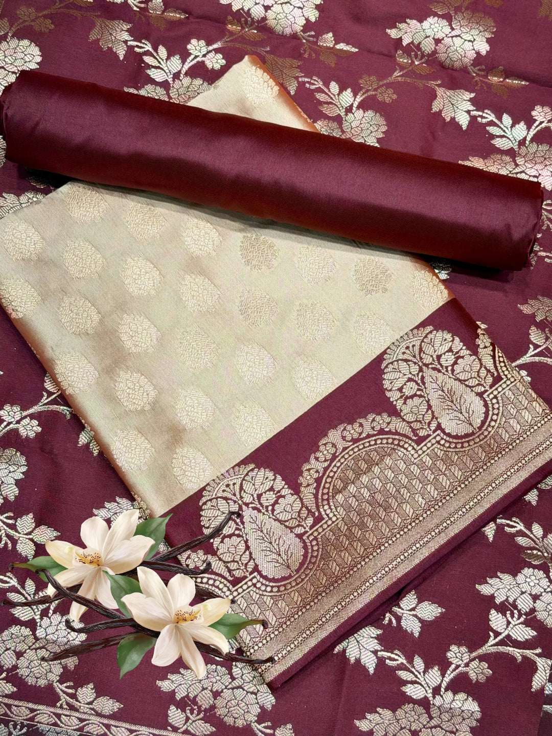 Banarasi Silk Colorblocked Dress Material with Tropical Zari Weaving & Jhalar Dupatta