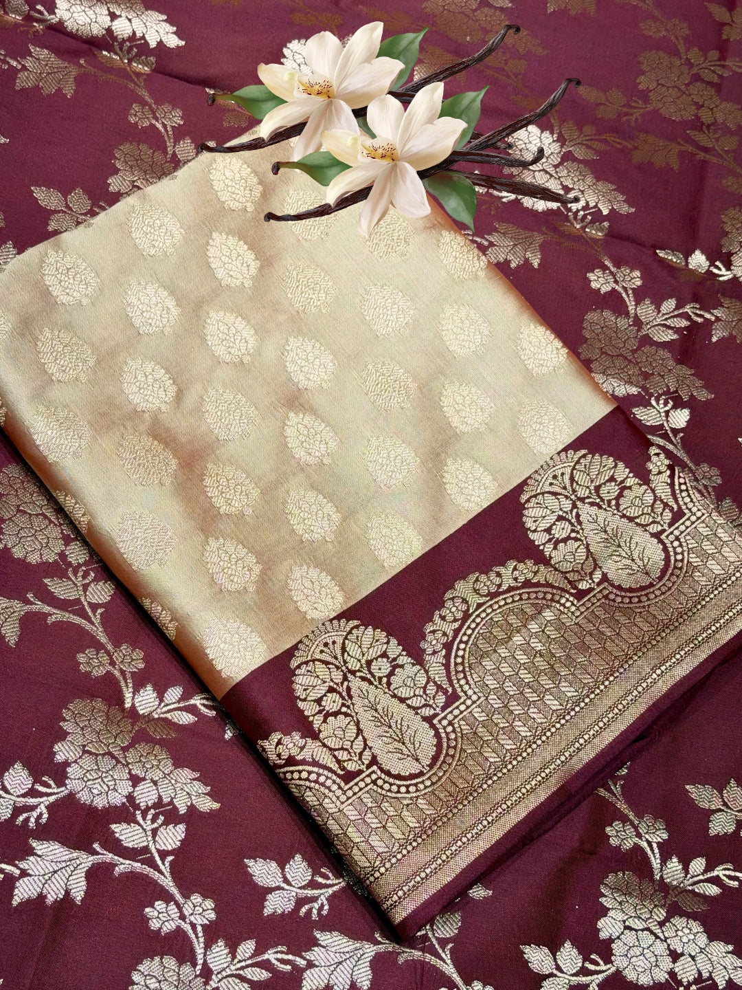 Banarasi Silk Colorblocked Dress Material with Tropical Zari Weaving & Jhalar Dupatta