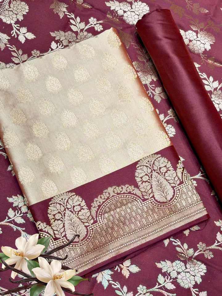 Banarasi Silk Colorblocked Dress Material with Tropical Zari Weaving & Jhalar Dupatta