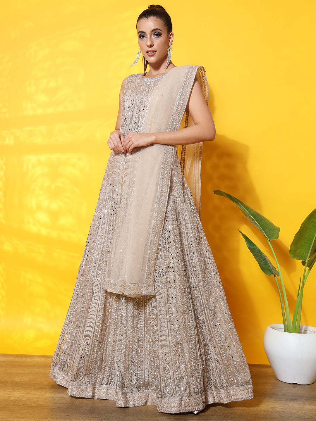 Resham Dori Embroidered Anarkali Cocktail Gown with Embellishments