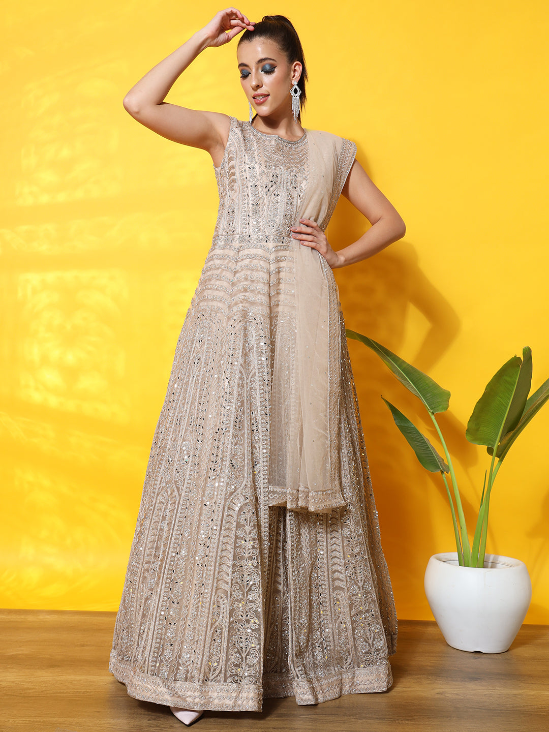 Resham Dori Embroidered Anarkali Cocktail Gown with Embellishments