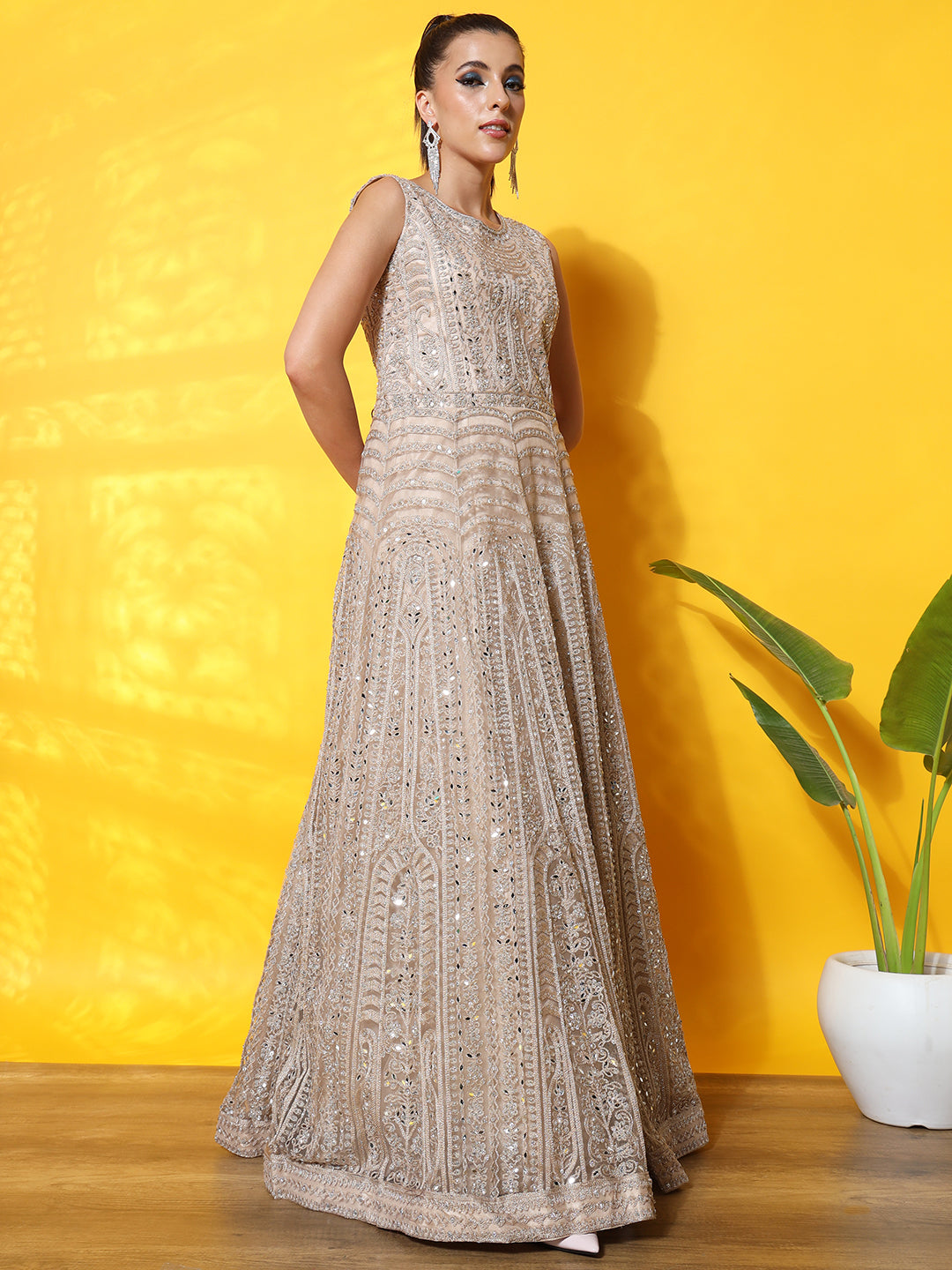 Resham Dori Embroidered Anarkali Cocktail Gown with Embellishments