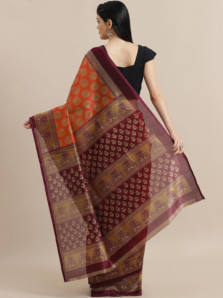 Orange Bhagalpuri Silk Digital Printed Saree with Mughal Wine Border