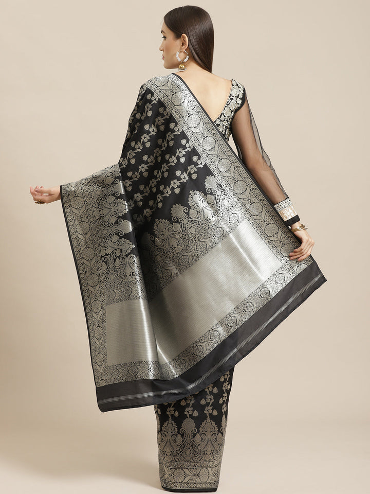 Black Banarasi Handloom Saree with Paisley Weaving & Metalic Silver Zari Border