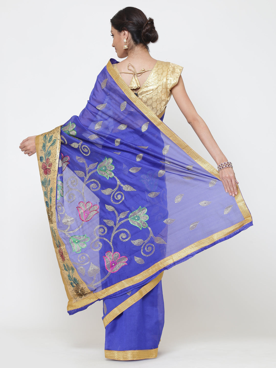 Chanderi Cotton Silk saree with Floral Print and Resham Embroidery