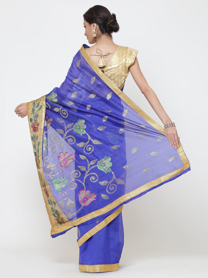 Chanderi Cotton Silk saree with Floral Print and Resham Embroidery