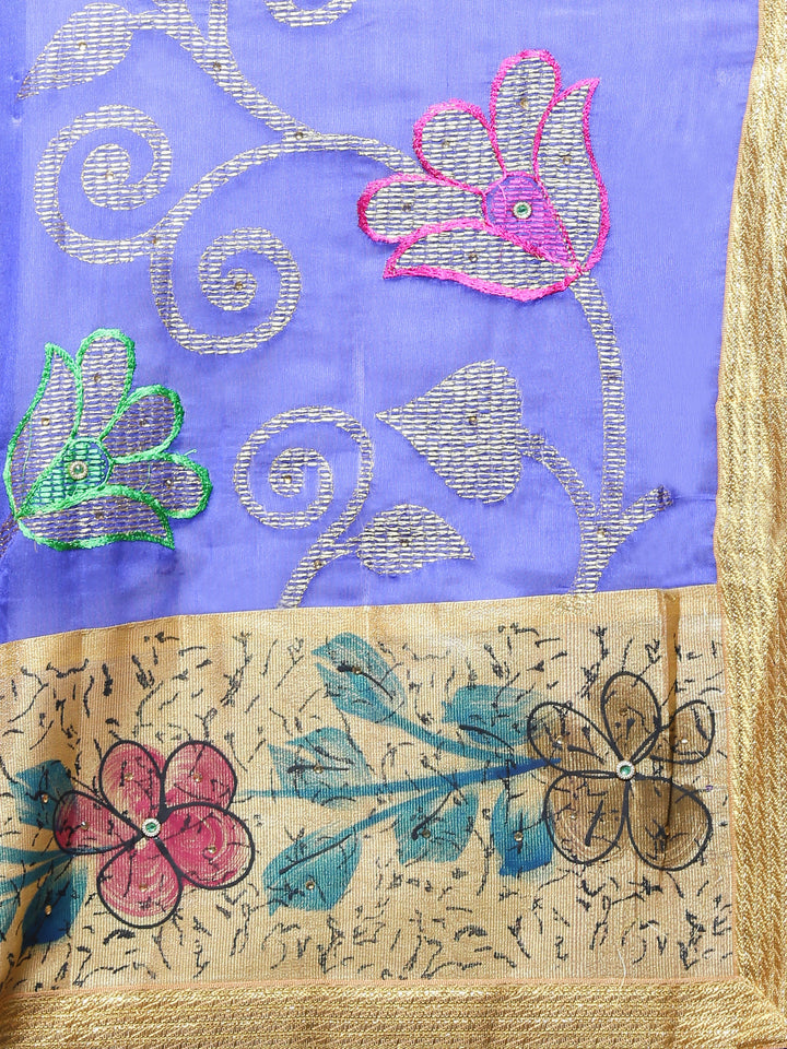 Chanderi Cotton Silk saree with Floral Print and Resham Embroidery