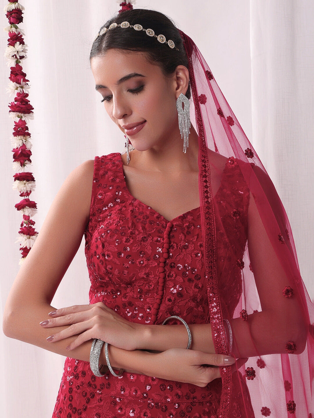 Chhabra 555 All over Sequin Embroidery Lehenga Set with Tassled Choli & Embellished Dupatta