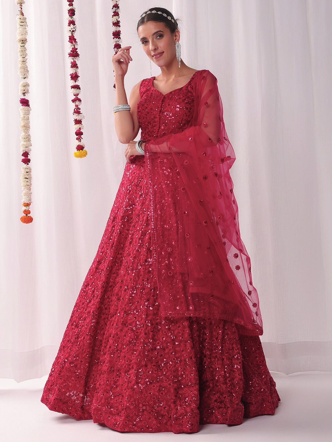 Chhabra 555 All over Sequin Embroidery Lehenga Set with Tassled Choli & Embellished Dupatta