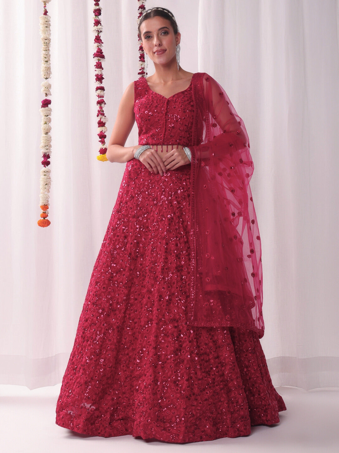 Chhabra 555 All over Sequin Embroidery Lehenga Set with Tassled Choli & Embellished Dupatta