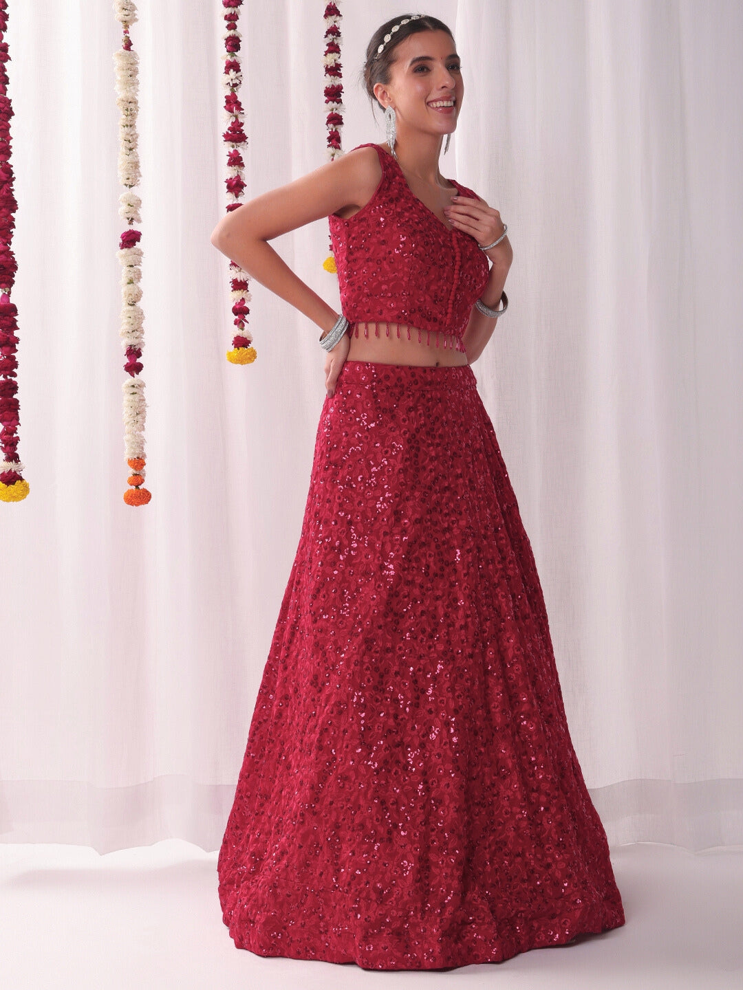 Chhabra 555 All over Sequin Embroidery Lehenga Set with Tassled Choli & Embellished Dupatta