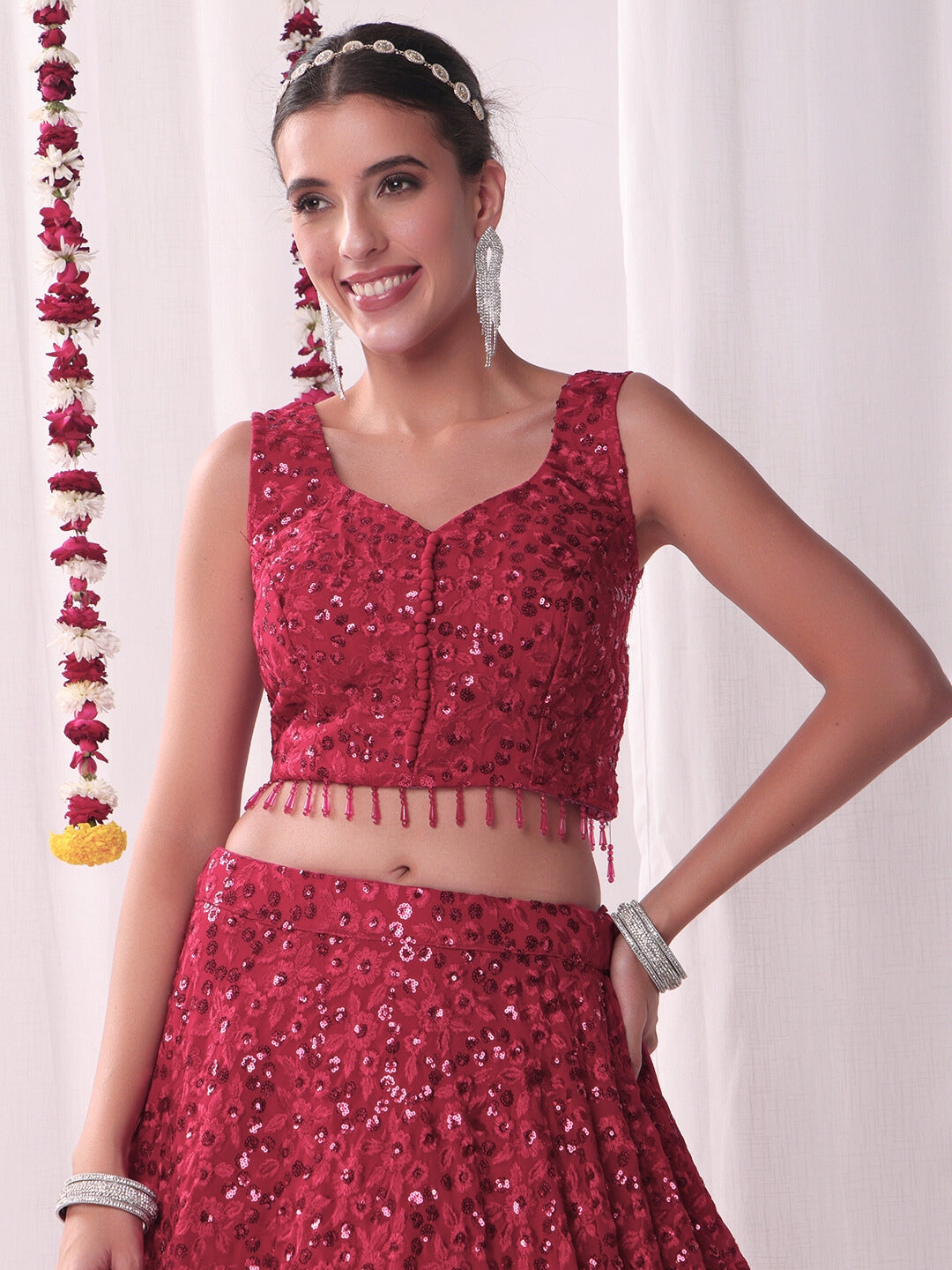 Chhabra 555 All over Sequin Embroidery Lehenga Set with Tassled Choli & Embellished Dupatta