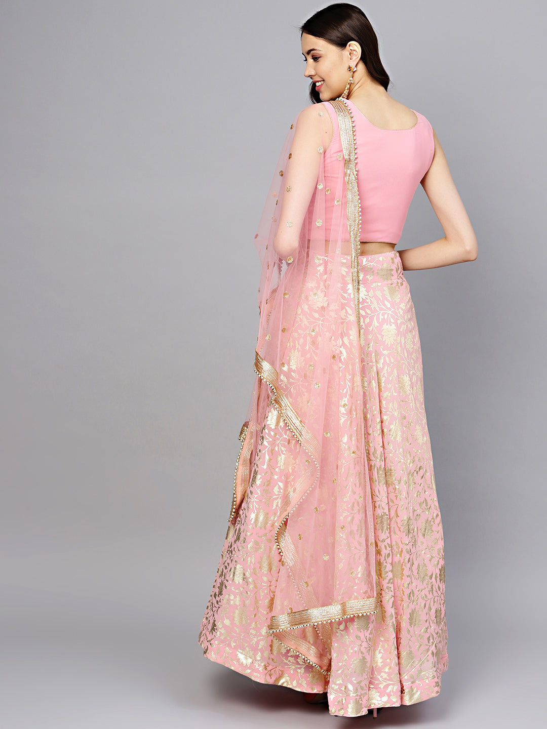 Pearl Embellished Crop Top with Foil Print Lehenga