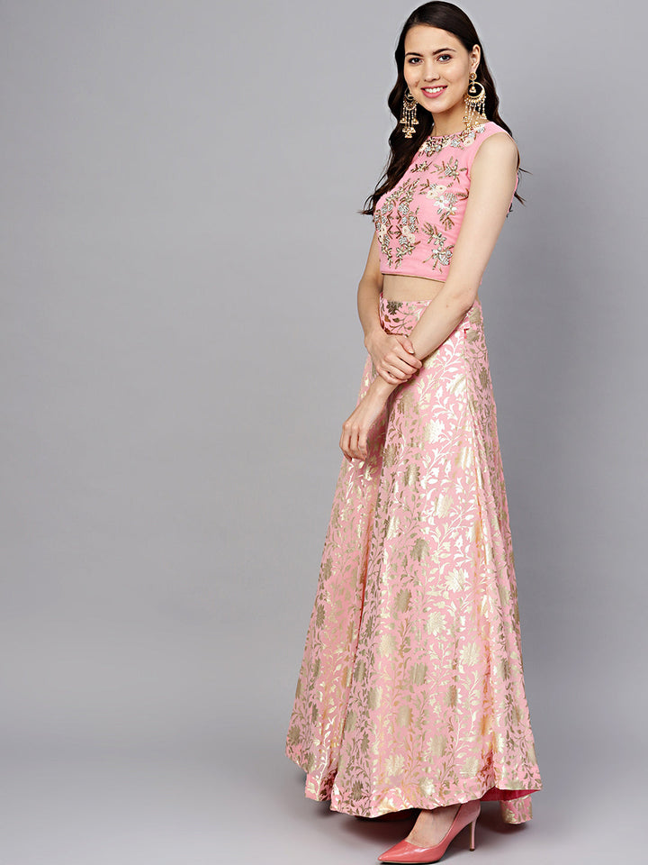 Pearl Embellished Crop Top with Foil Print Lehenga