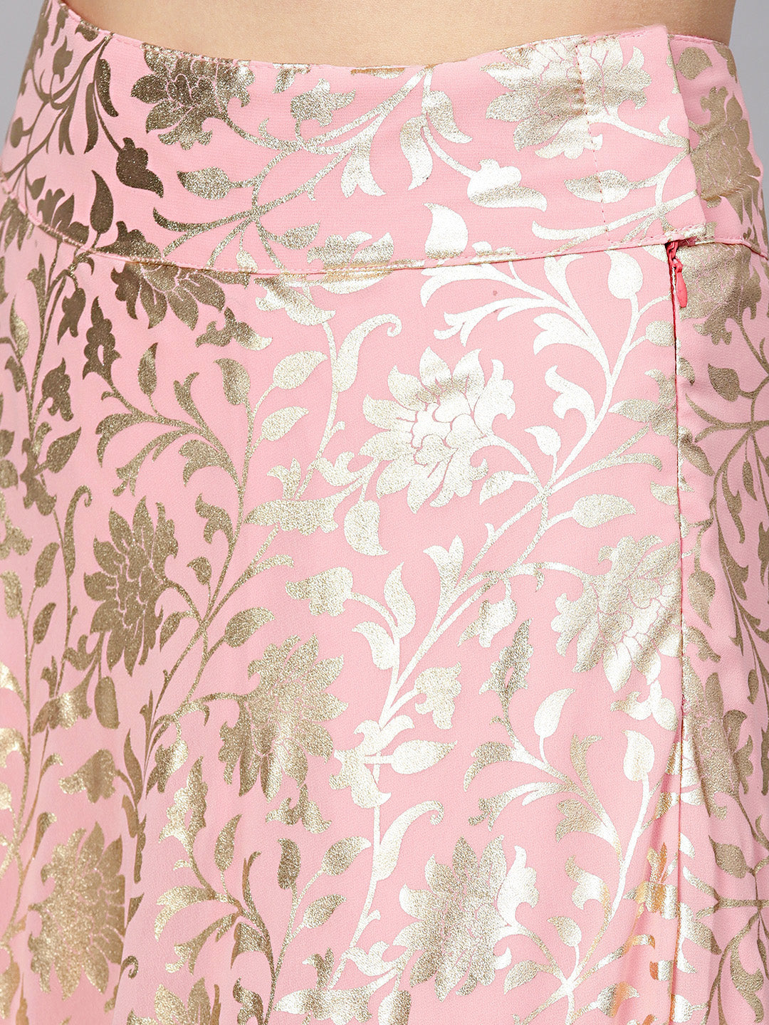 Pearl Embellished Crop Top with Foil Print Lehenga
