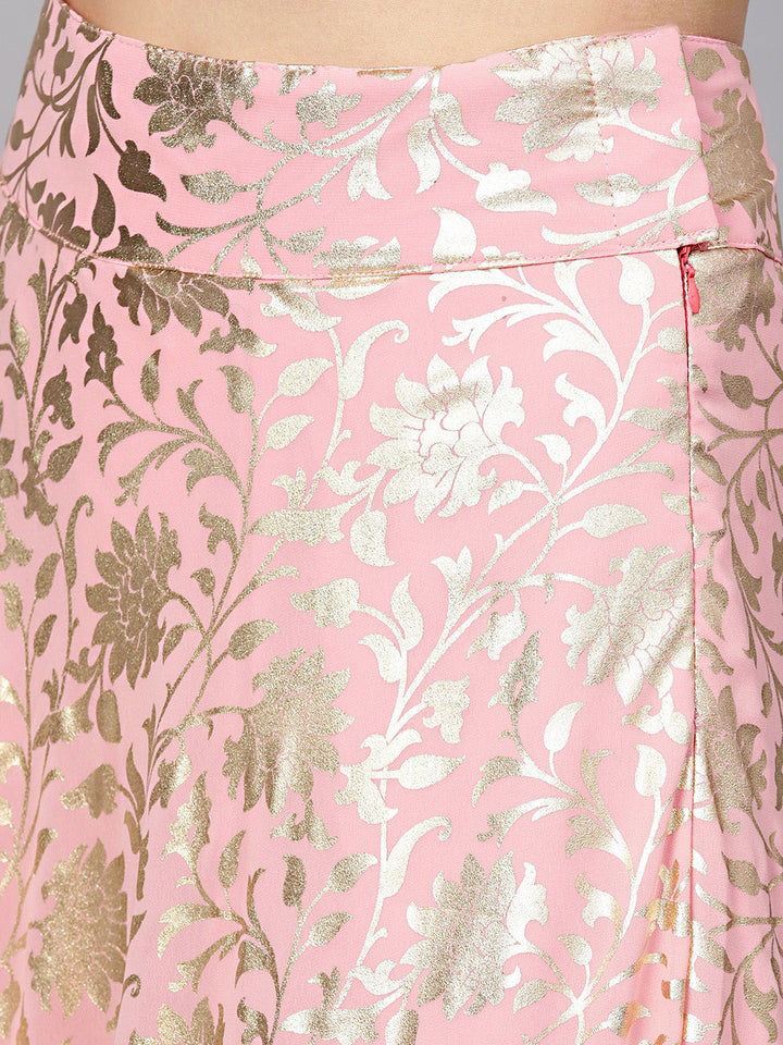 Pearl Embellished Crop Top with Foil Print Lehenga