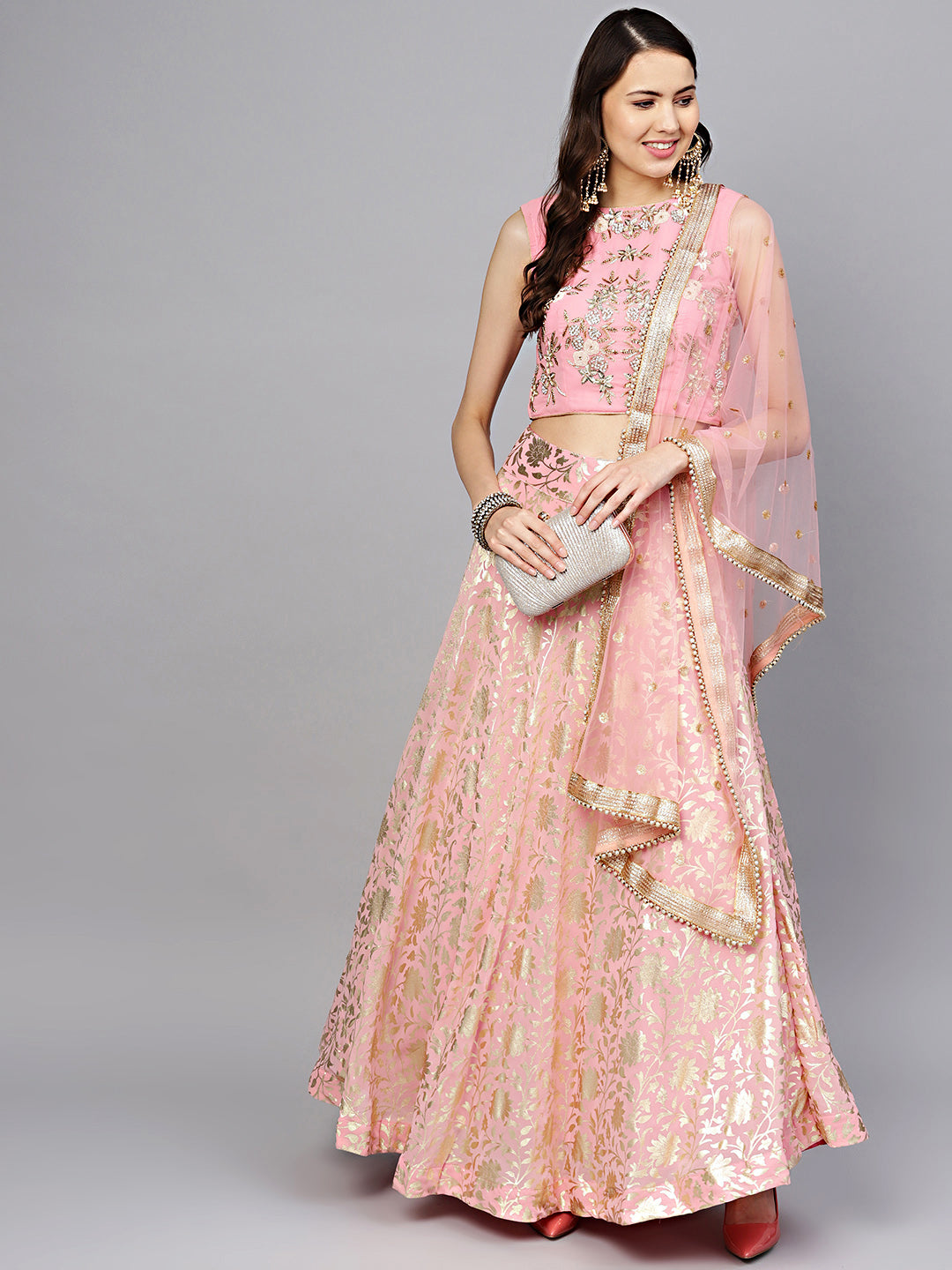 Pearl Embellished Crop Top with Foil Print Lehenga