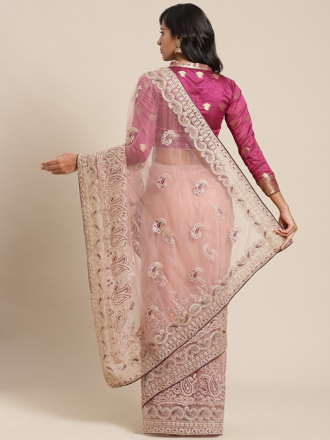 Net Zari Resham Embroidered Saree with dual embroidered border and paisley motifs