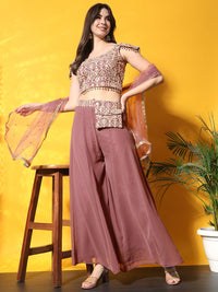 Pink Thread Embroidery Crop Top With Flared Palazzo & Pocket