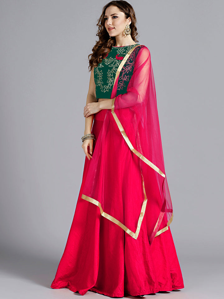 Green Pink Silk Velvet Embellished Crop top Lehanga set With Swarovski and thread Work