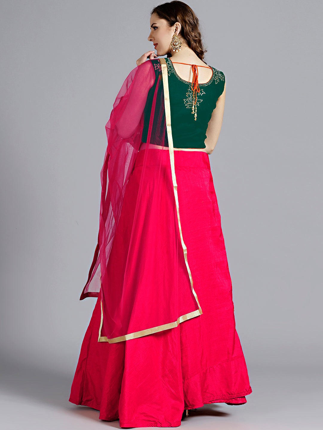 Green Pink Silk Velvet Embellished Crop top Lehanga set With Swarovski and thread Work