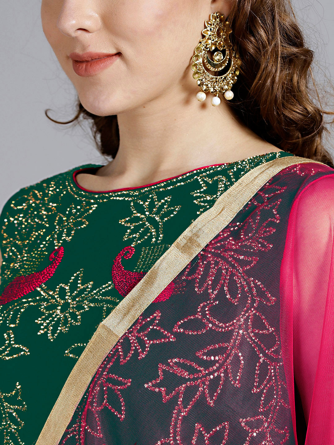 Green Pink Silk Velvet Embellished Crop top Lehanga set With Swarovski and thread Work