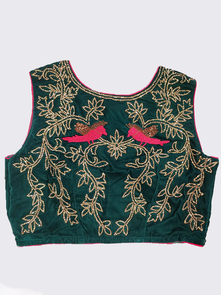 Green Pink Silk Velvet Embellished Crop top Lehanga set With Swarovski and thread Work