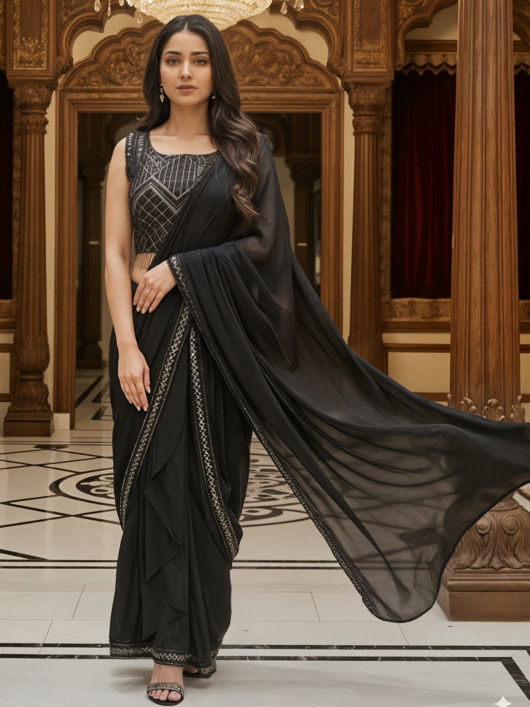 Georgette Pre-Stitched Ruffled Dhoti-Style Saree with Tasseled Sequinned Blouse