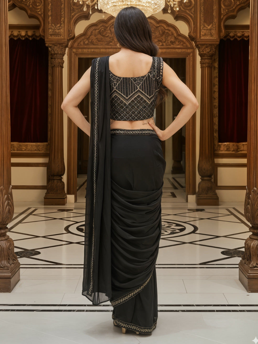 Georgette Pre-Stitched Ruffled Dhoti-Style Saree with Tasseled Sequinned Blouse
