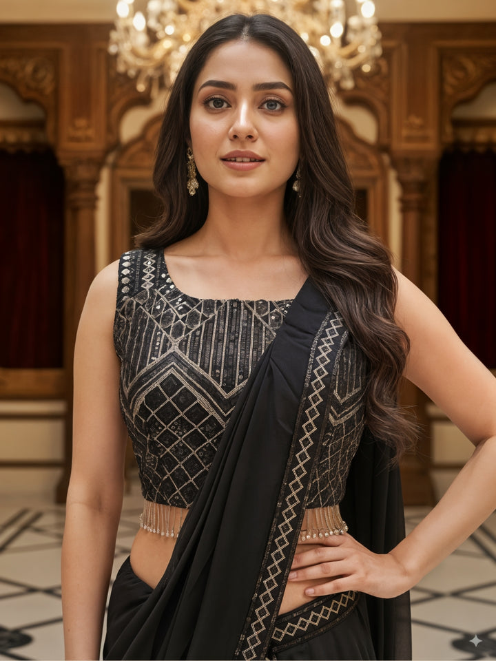 Georgette Pre-Stitched Ruffled Dhoti-Style Saree with Tasseled Sequinned Blouse