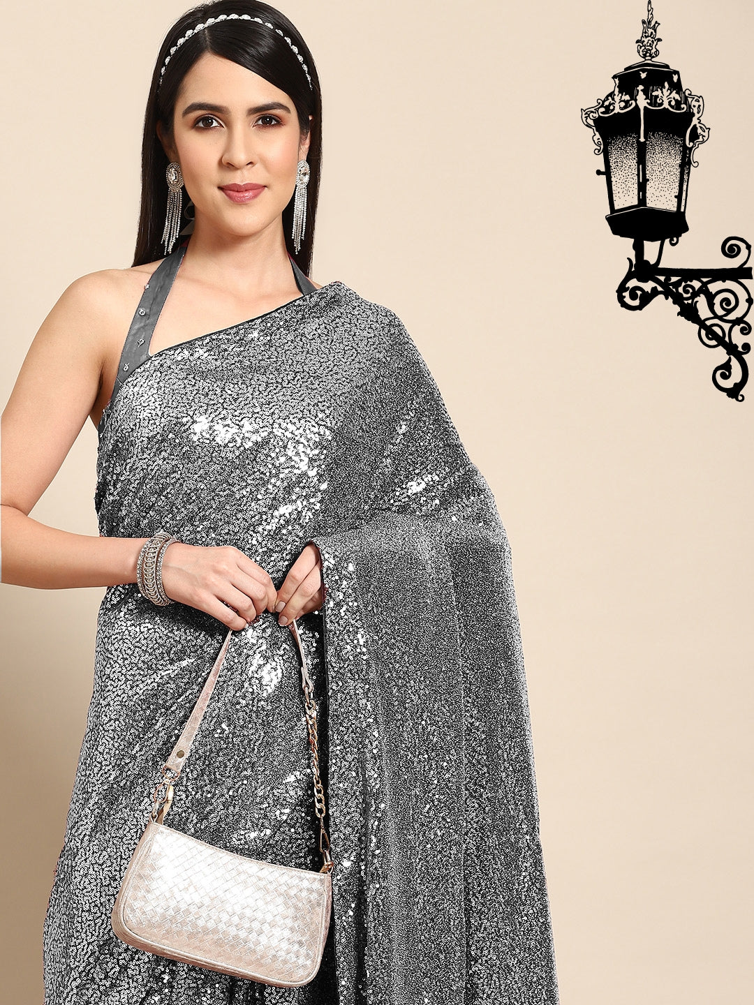 Chhabra 555 Metallic Silver Grey Allover Sequin Embellished Bling Lycra Cocktail Saree