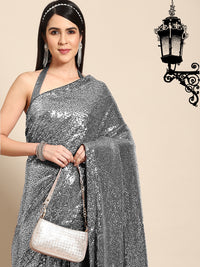 Chhabra 555 Metallic Silver Grey Allover Sequin Embellished Bling Lycra Cocktail Saree