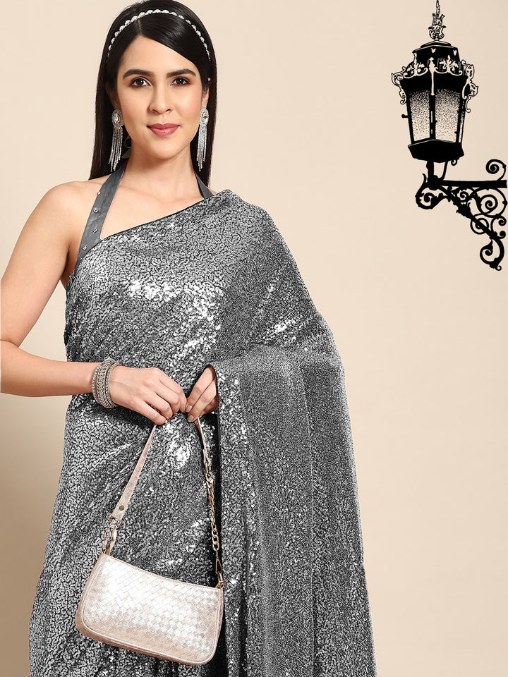 Chhabra 555 Metallic Silver Grey Allover Sequin Embellished Bling Lycra Cocktail Saree