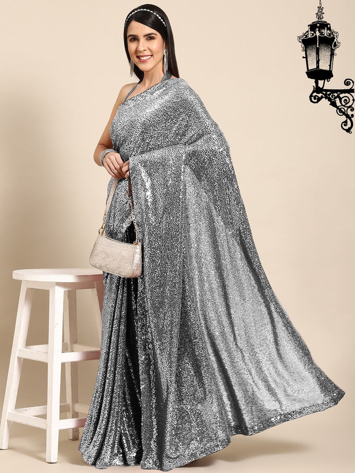 Metallic Silver Embellished Bling Lycra Cocktail Saree
