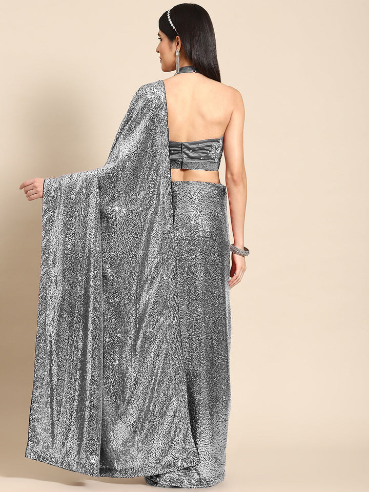 Metallic Silver Embellished Bling Lycra Cocktail Saree