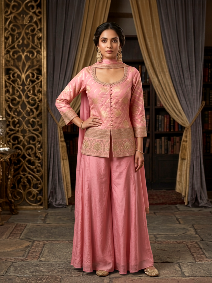 Silk Heavy Zari & Sequin Embroidered Kurti with Palazzo and Dupatta in pink