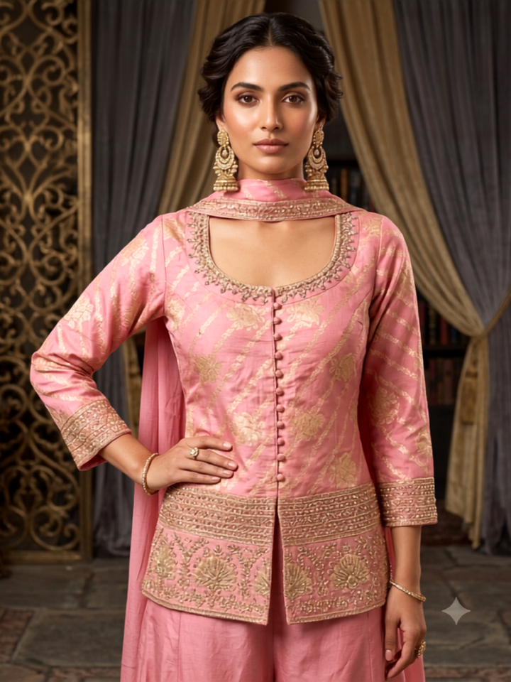 Silk Heavy Zari & Sequin Embroidered Kurti with Palazzo and Dupatta in pink