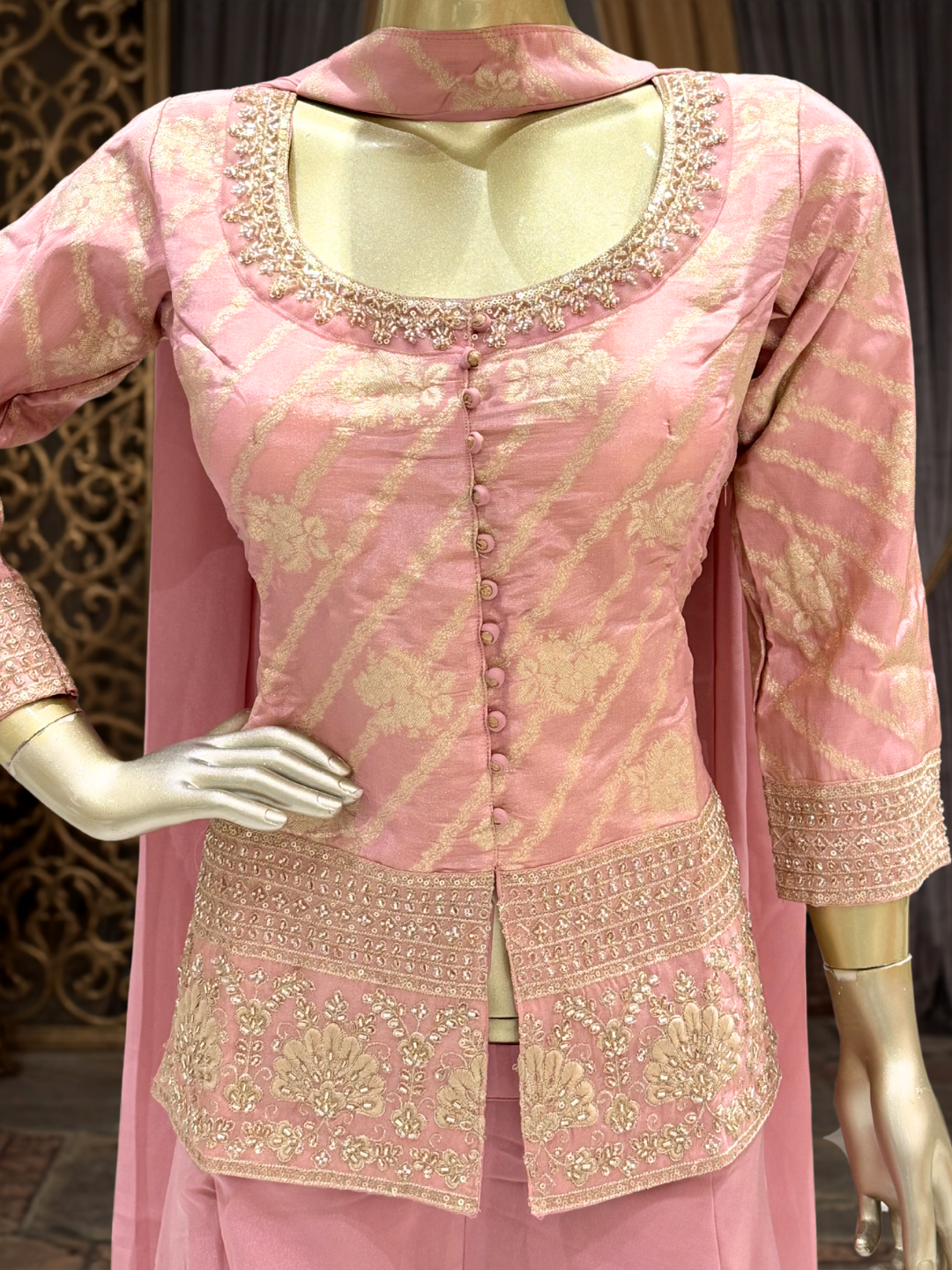 Silk Heavy Zari & Sequin Embroidered Kurti with Palazzo and Dupatta in pink