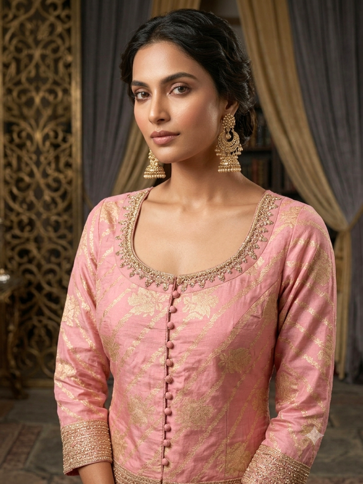 Silk Heavy Zari & Sequin Embroidered Kurti with Palazzo and Dupatta in pink